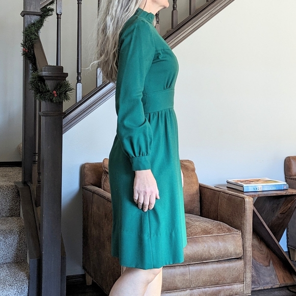 dark green LONG SLEEVE DRESS 1970's vintage S - Picture 8 of 13